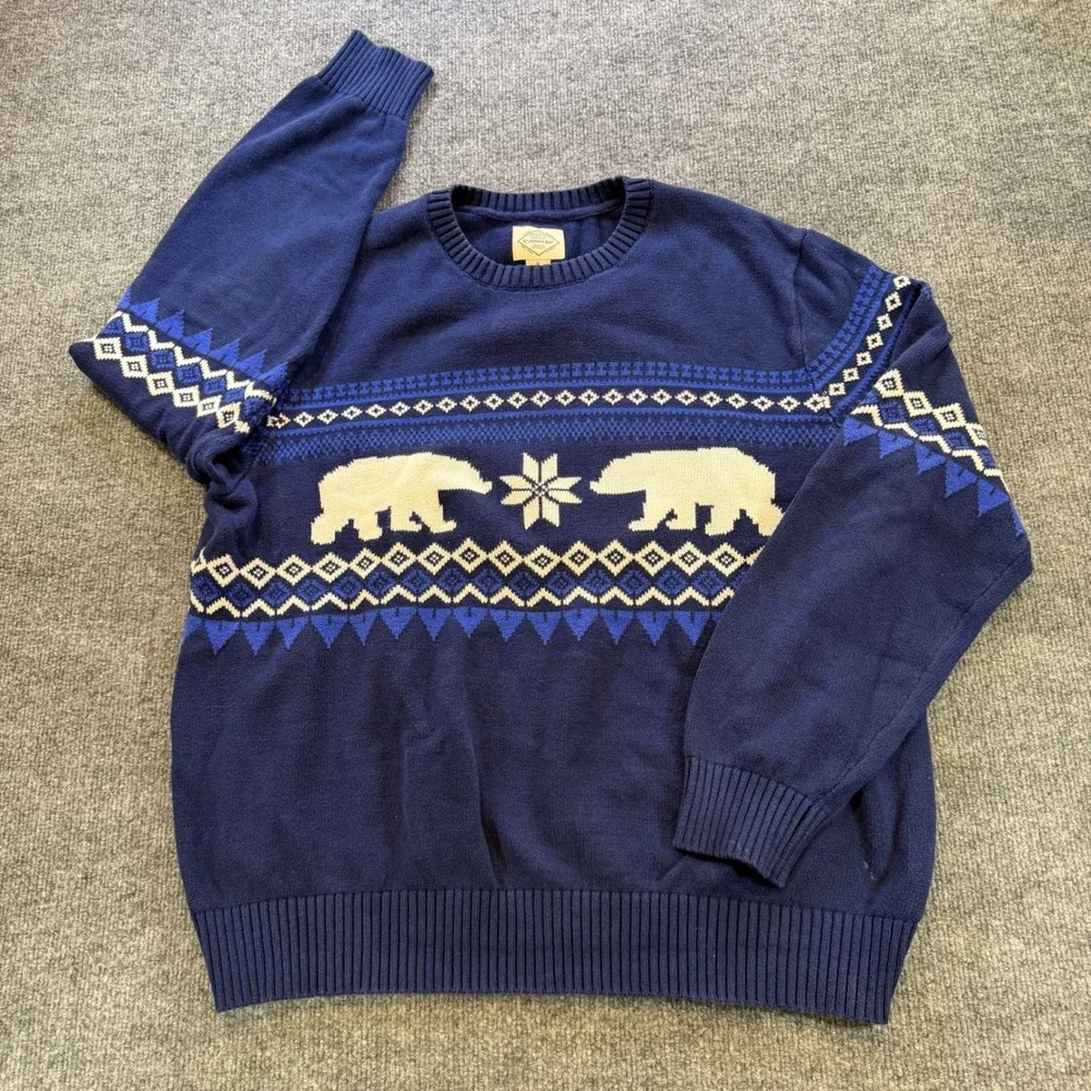 St Johns Bay Mens Navy Blue Polar Bear Fair Isle Cotton Crewneck Sweater XL